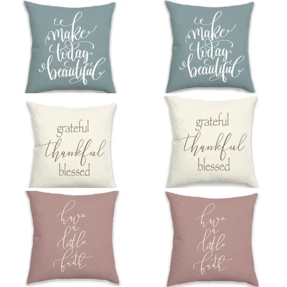 NWT 6 Graphic Inspirational Ivory Green Pink Reversible Pillow/Cushion Covers Pa